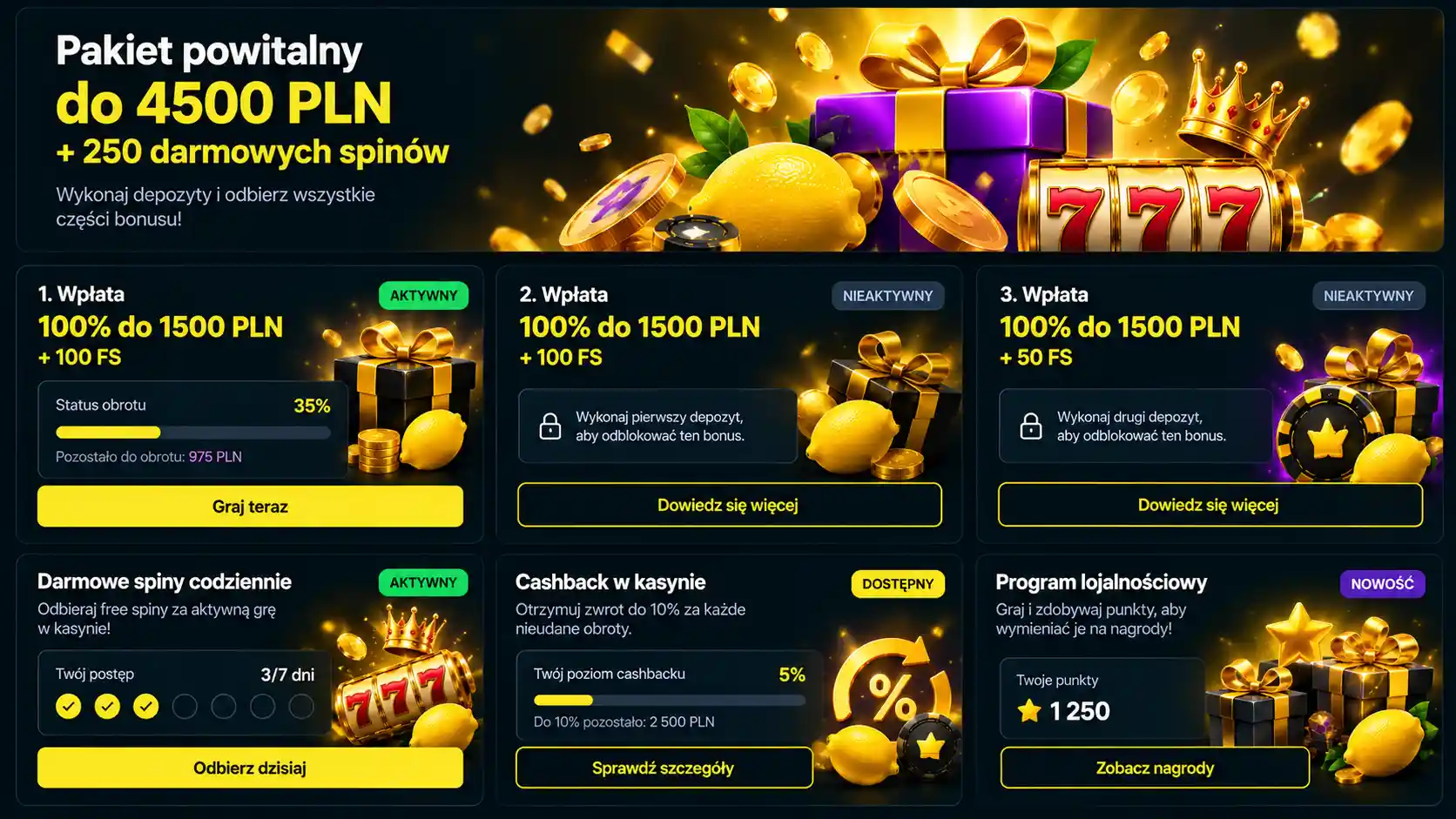 Panel bonusów Lemon Casino – pakiet powitalny i promocje aktywne