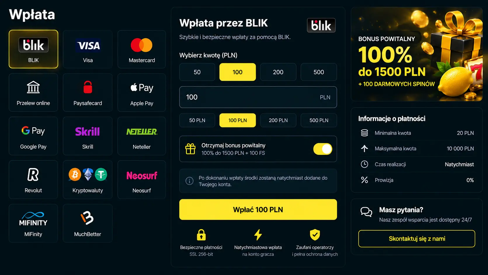 Kasjer Lemon Casino – metody wpłaty z BLIK, Visa, Mastercard i kryptowalutami