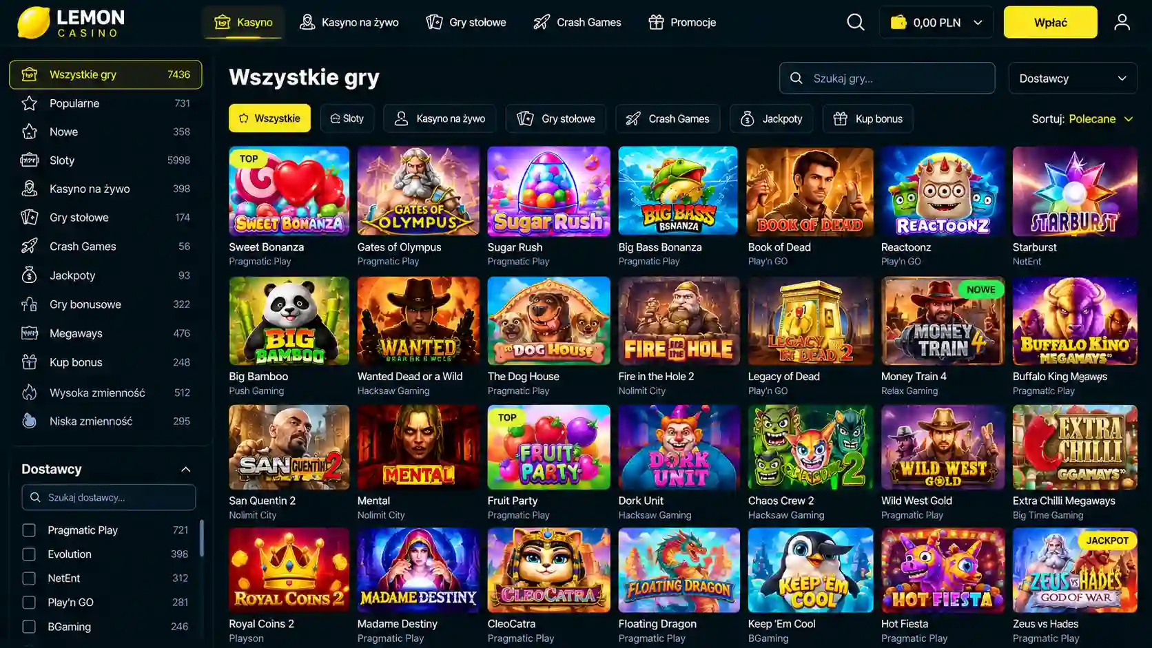 Lobby gier Lemon Casino – kategorie, sloty, kasyno na żywo i crash games